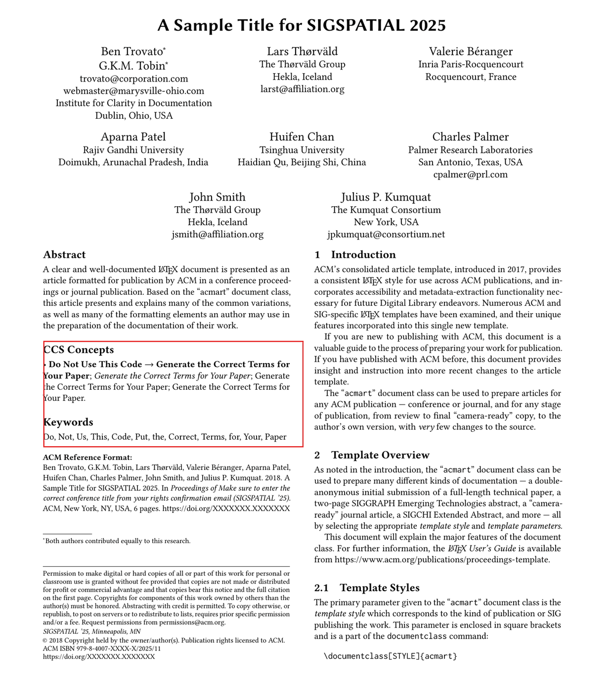 First page of the ACM sample paper with the CCS Concepts and Keywords section outlined in red