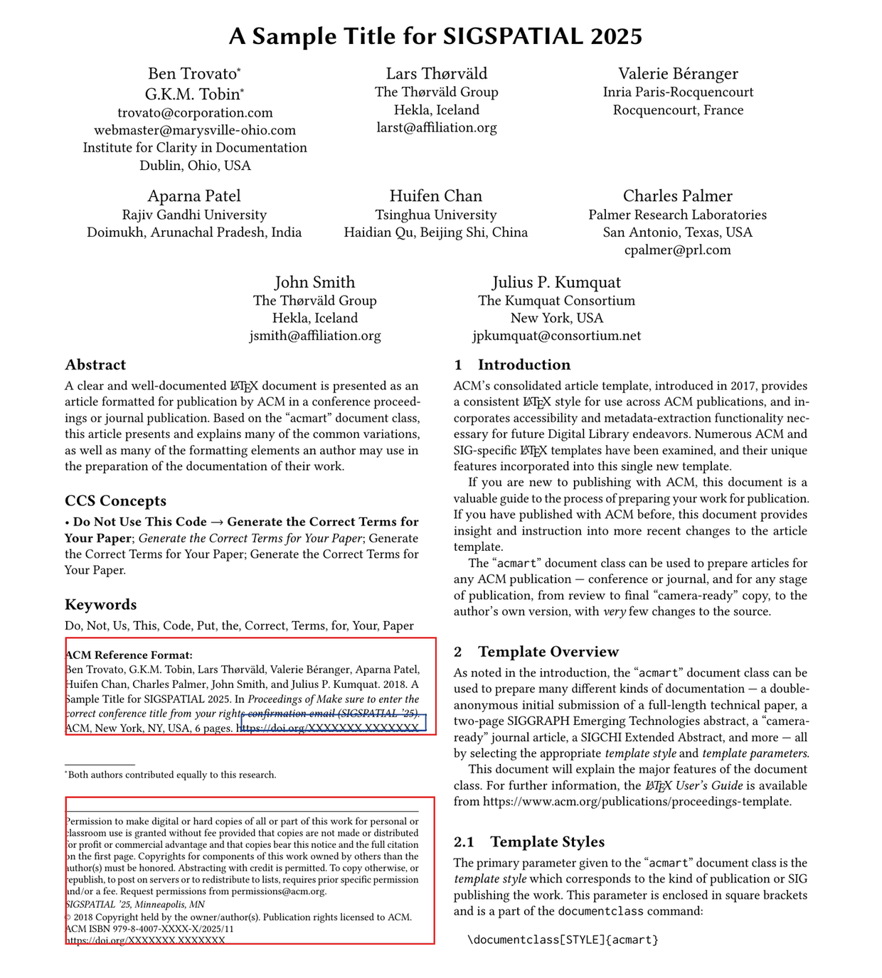 First page of the ACM sample paper with the ACM copyright block outlined in red and the DOI outlined in blue